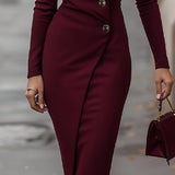 Eva | Burgundy Buttoned Midi Wrap Dress