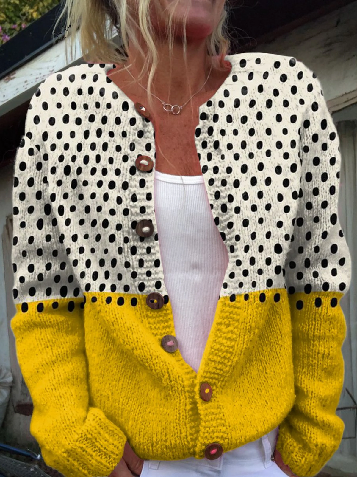 Yellow polka dot print buttoned cardigan for women | Ellie Dublin