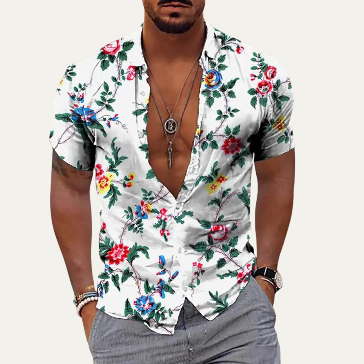 The Ridgefall Men’s Trendy Tropical Coconut Print Hawaiian Beach Shirt
