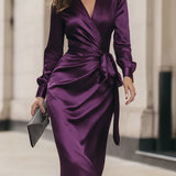 Clara | Deep Plum Draped Midi Dress