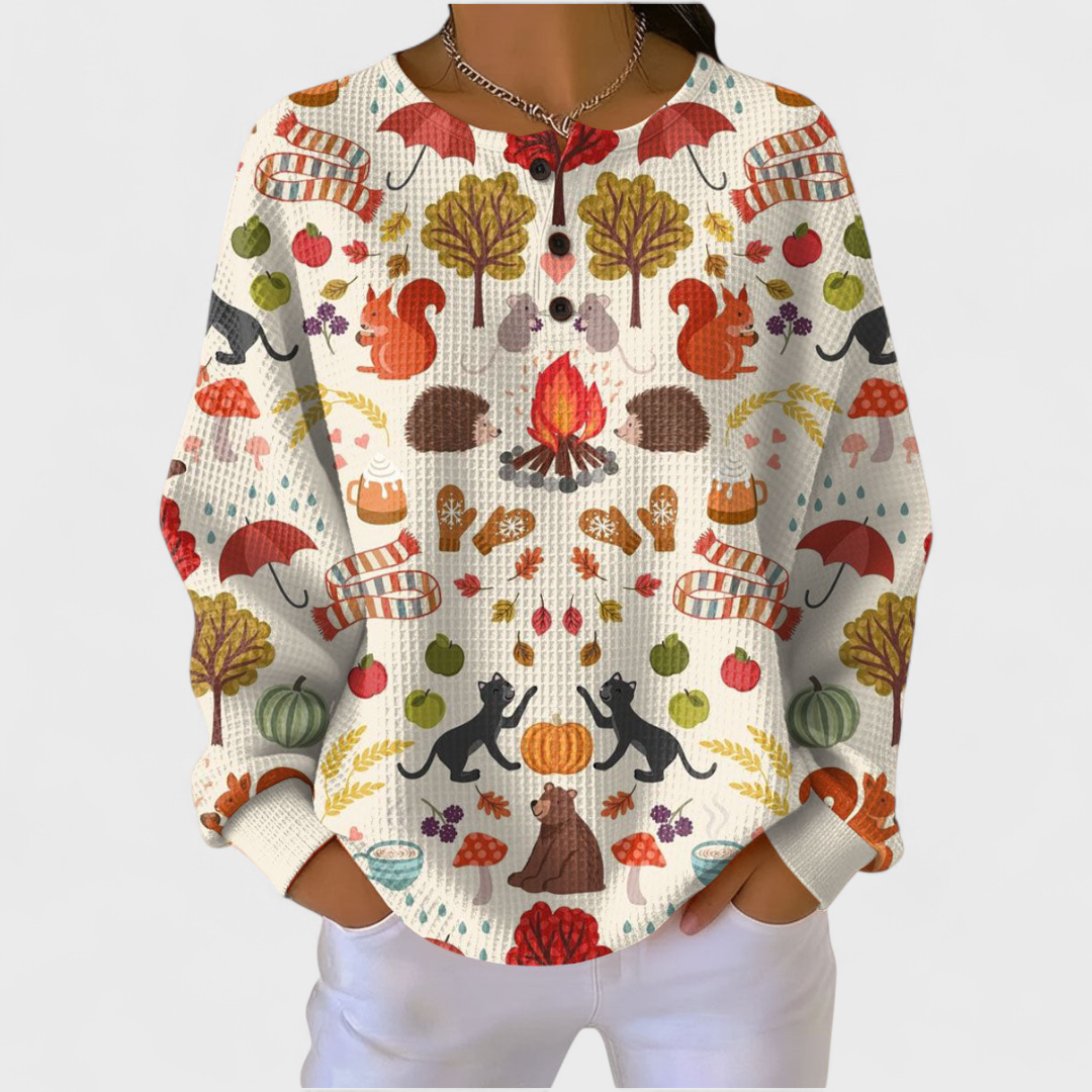 Mairead autumn woodland print jumper for women by Ellie Dublin