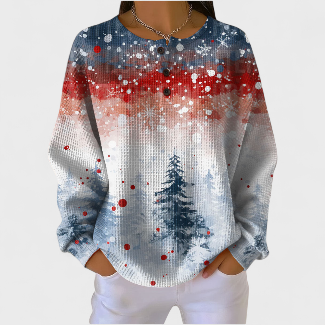 Eimear snowy Christmas tree jumper for women by Ellie Dublin