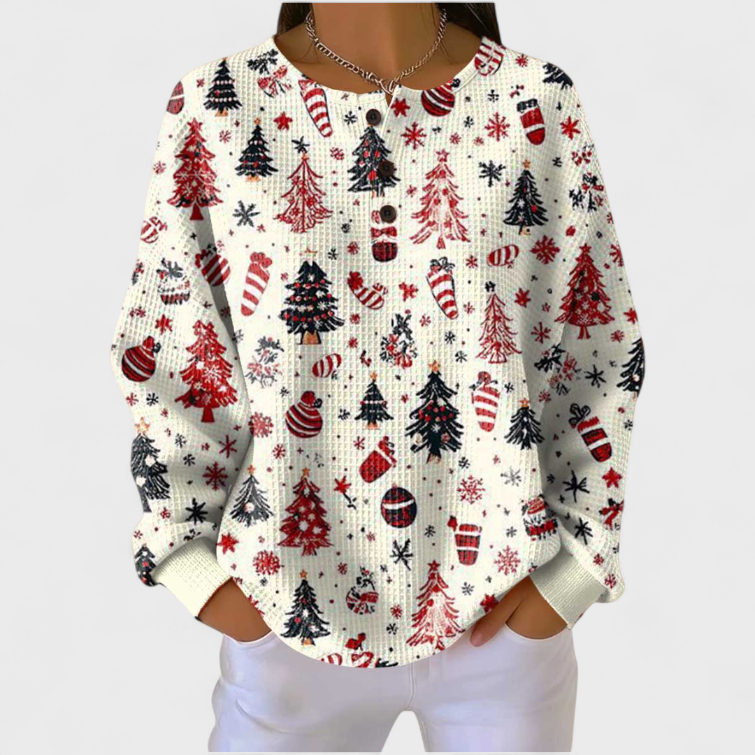 Ailbhe festive tree print jumper for women by Ellie Dublin