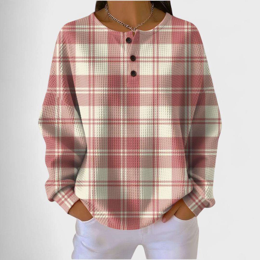 Emer pink tartan jumper for women by Ellie Dublin