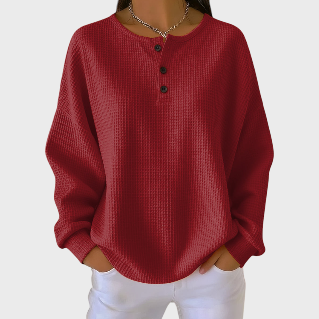 Orla waffle knit henley jumper for women in red by Ellie Dublin