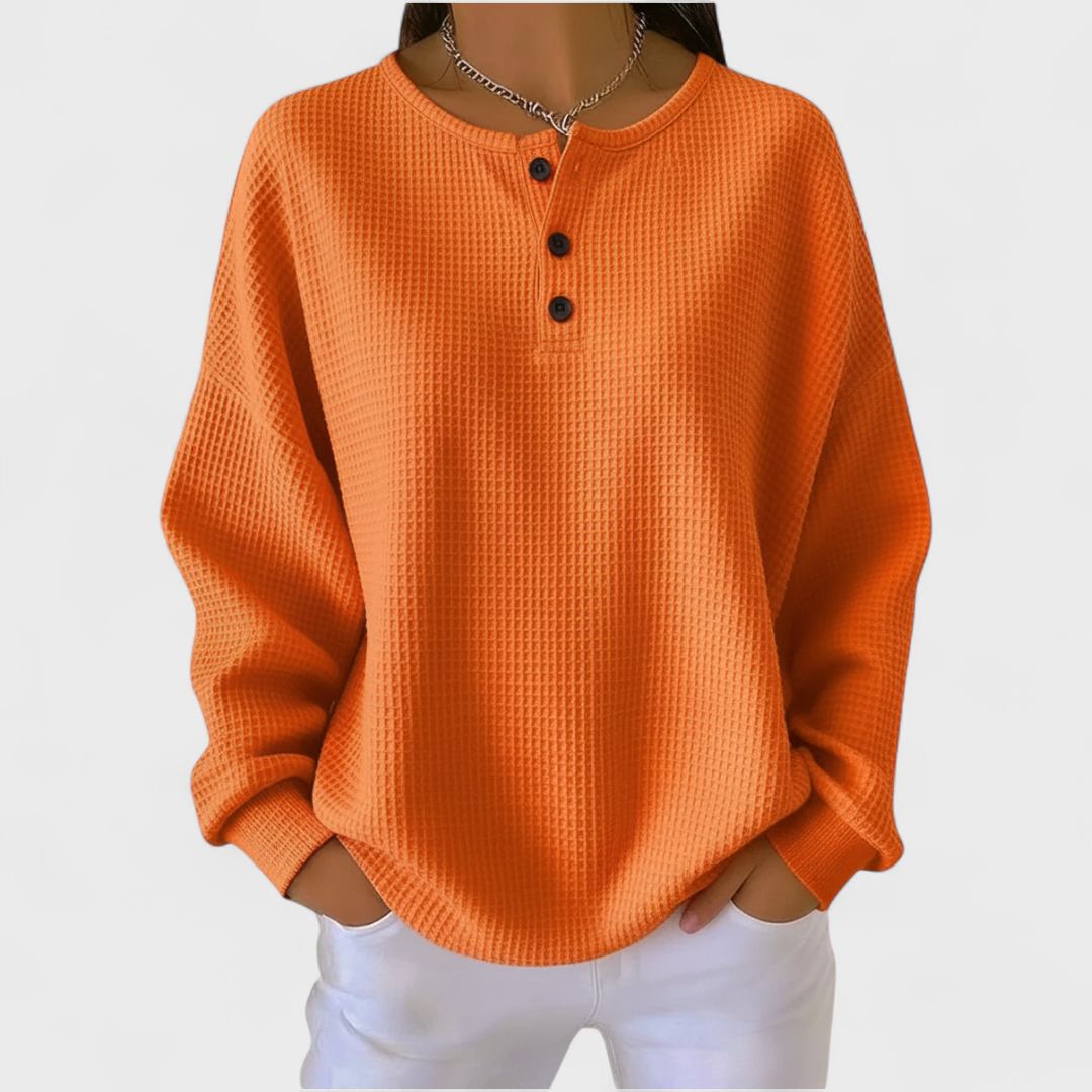 Orla waffle knit henley jumper for women in orange by Ellie Dublin