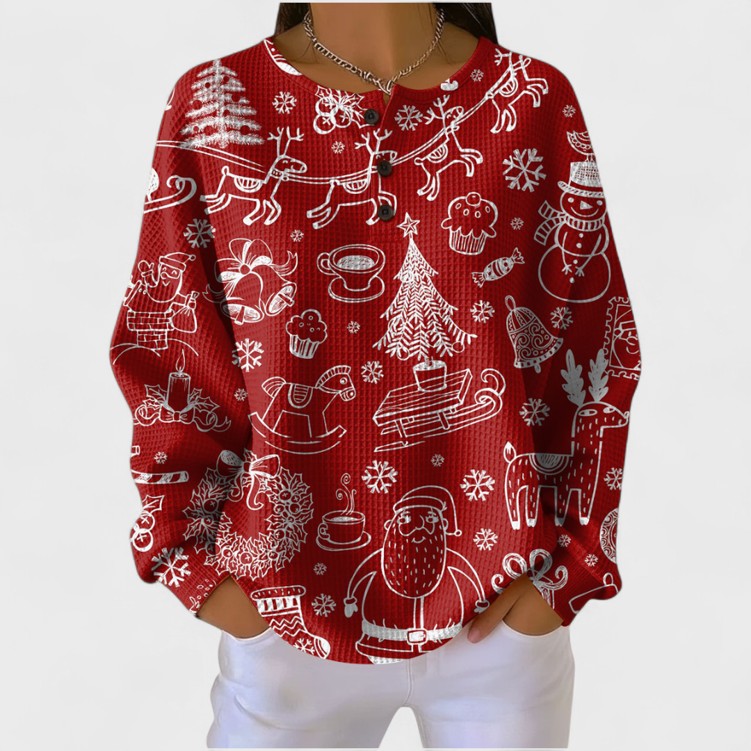 Treasa red festive doodle jumper for women by Ellie Dublin