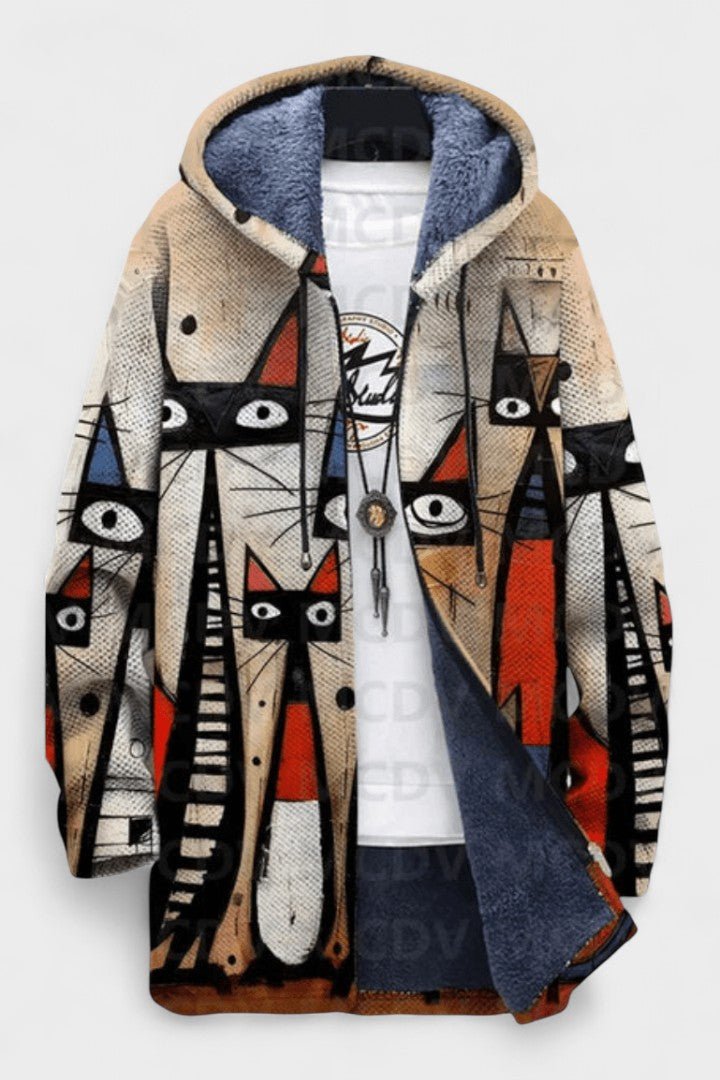 Aoife artistic cat pattern hooded cardigan for women | Ellie Dublin