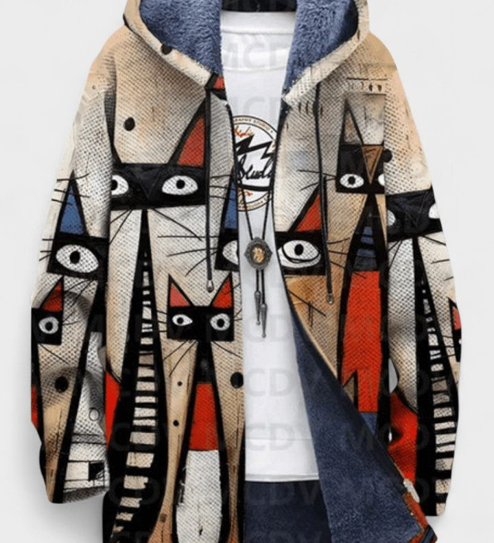 Aoife artistic cat pattern hooded cardigan for women | Ellie Dublin