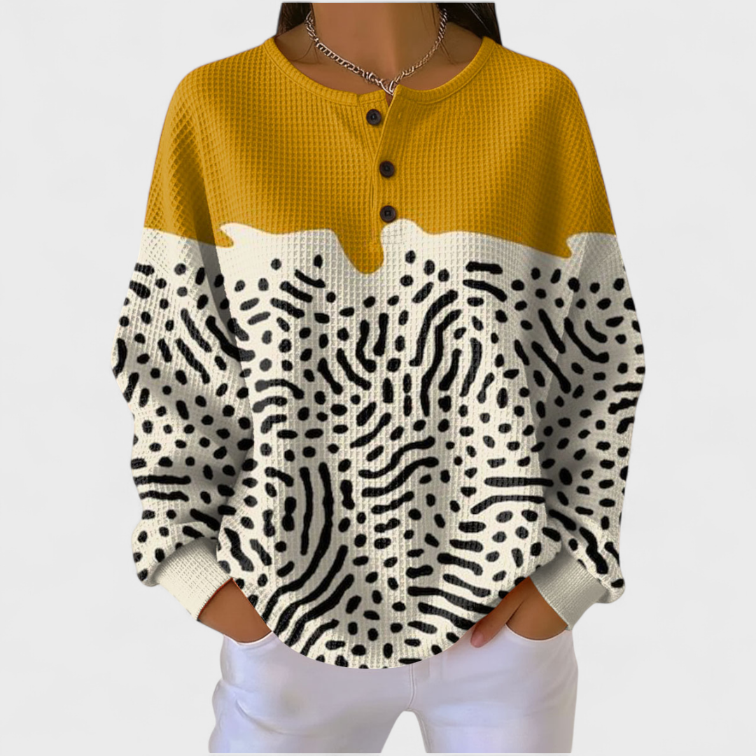 Aisling mustard abstract print jumper for women by Ellie Dublin