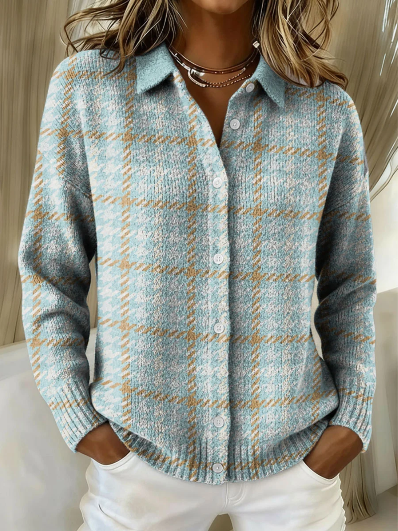 Clara sky plaid button knit cardigan for women | Ellie Dublin