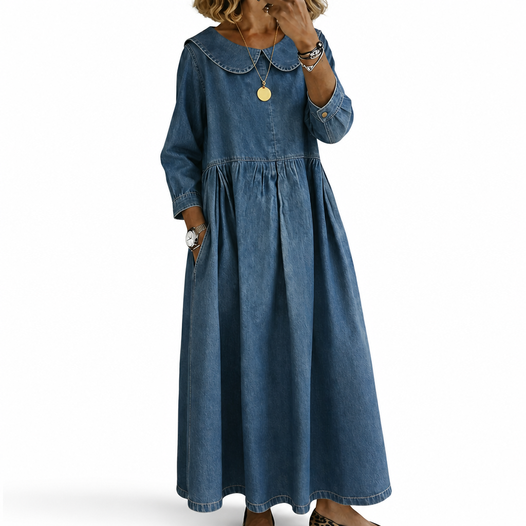 Elise | Long Denim Dress with Round Neck and Long Sleeves