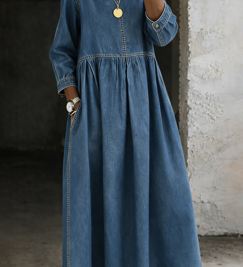 Elise | Long Denim Dress with Round Neck and Long Sleeves – view 2
