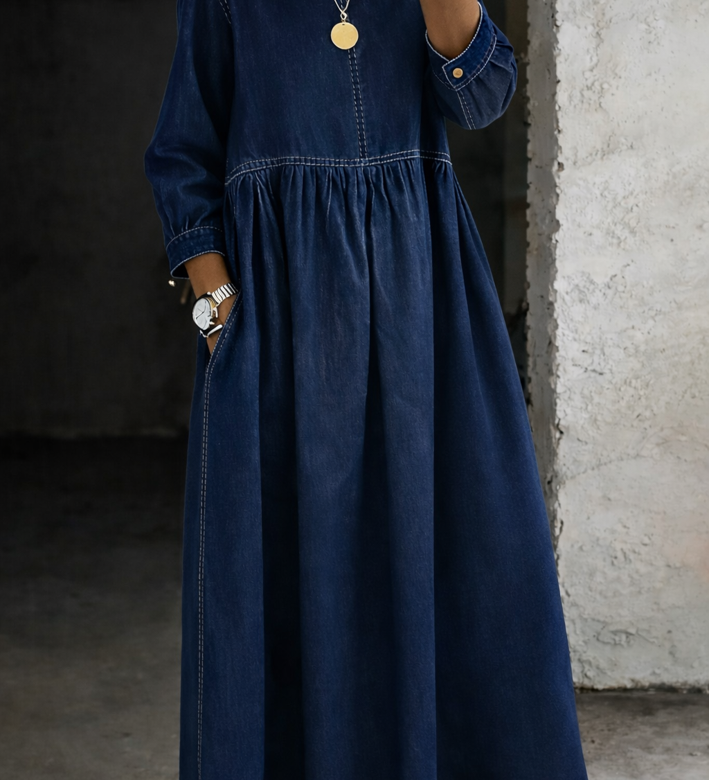 Elise | Long Denim Dress with Round Neck and Long Sleeves – view 5