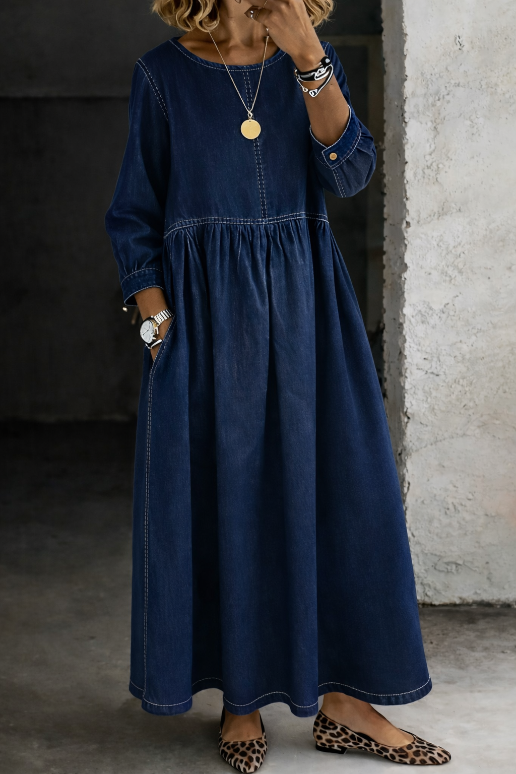 Elise | Long Denim Dress with Round Neck and Long Sleeves – view 5