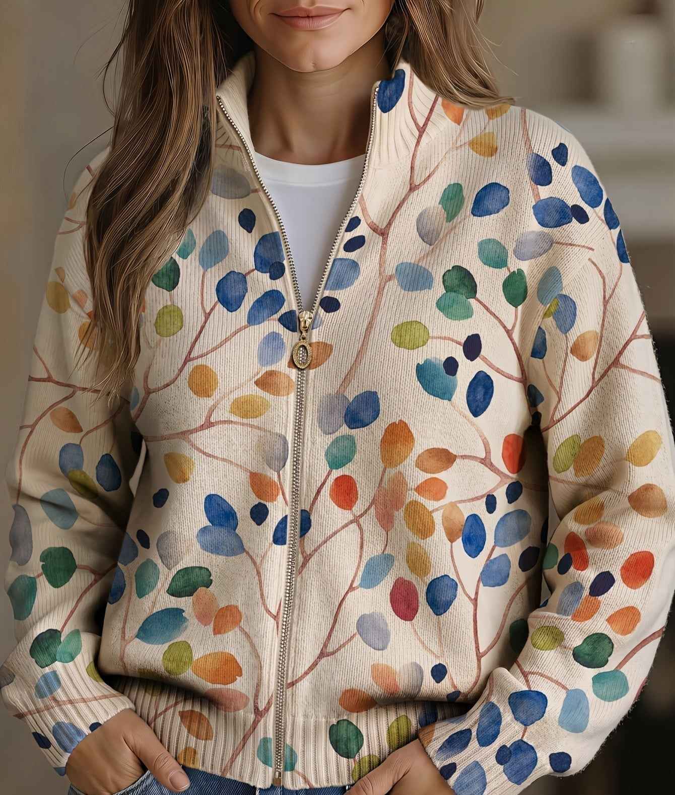 Brona botanical leaf zip cardigan for women | Ellie Dublin