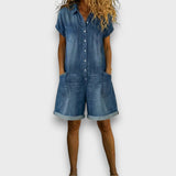 Tess | Short Cotton Denim Effect Dungarees